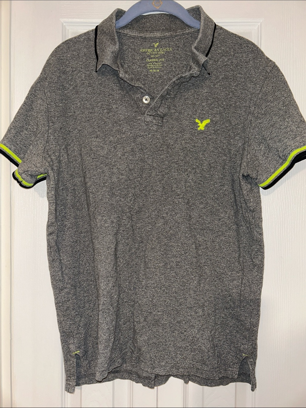 American Eagle Outfitters Classic Fit Gray Polo Neon Lime Logo & Trim Medium